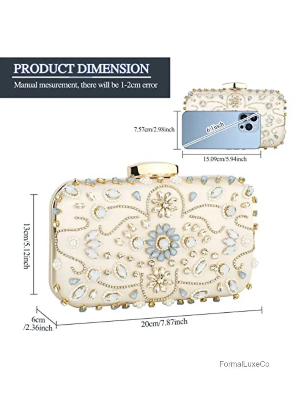 Rhinestone Beaded Evening Clutch Purse with Chain Strap